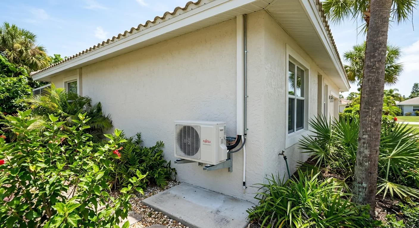 Ductless mini-split outdoor condenser unit on a Florida home exterior