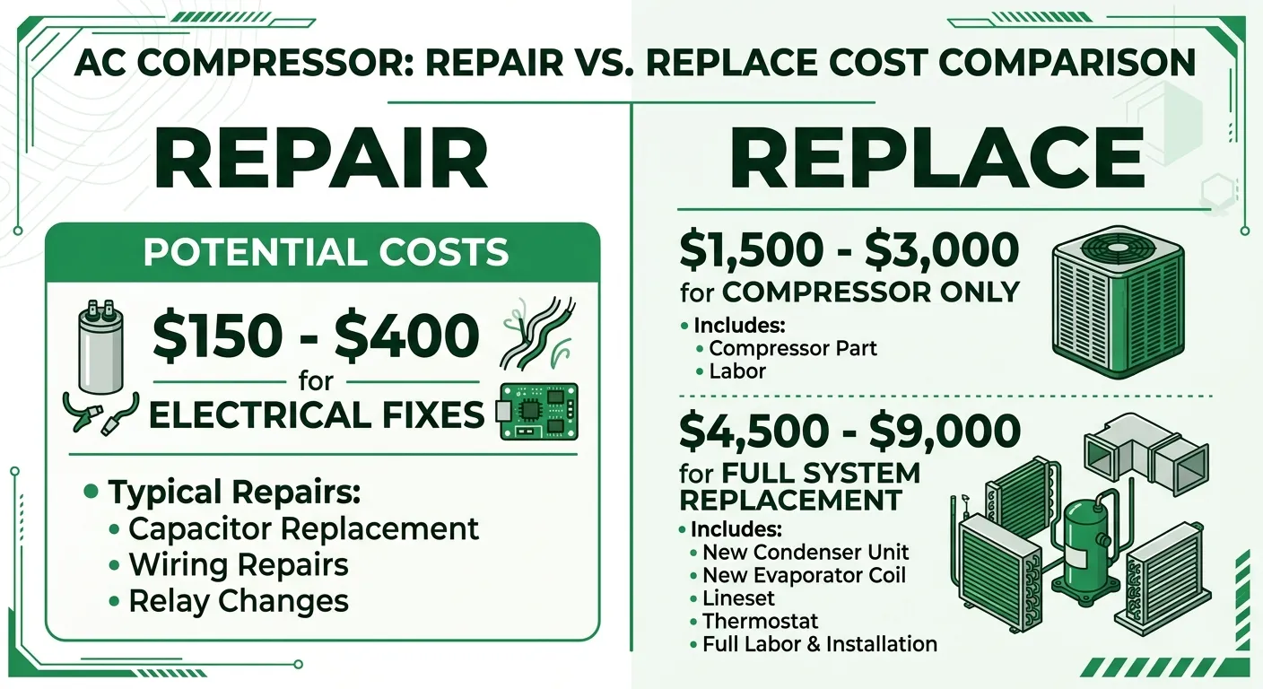 Side-by-side comparison of a worn AC compressor next to a new replacement unit with cost labels