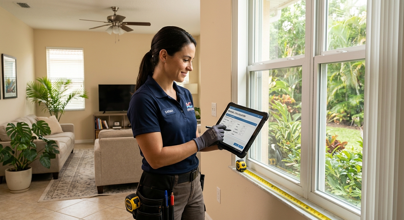 HVAC technician performing load calculation measurements in a Florida home