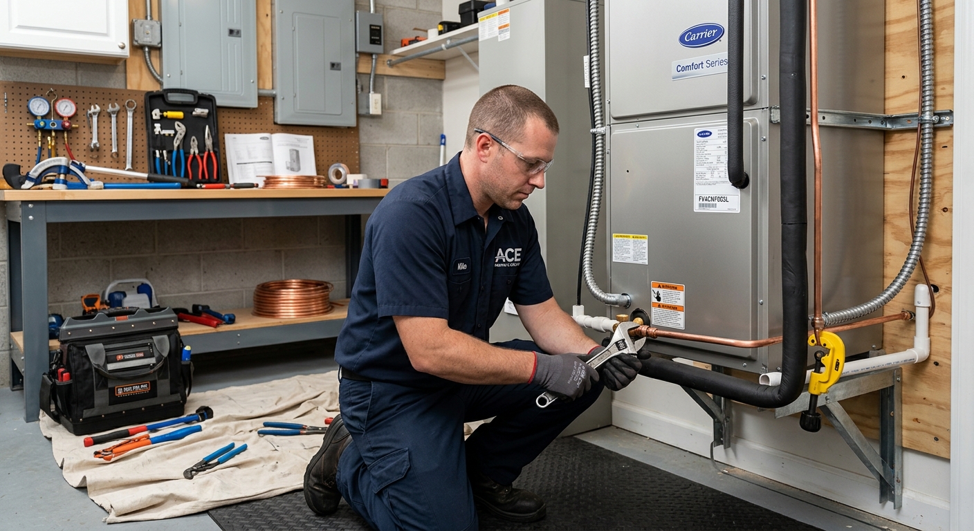HVAC technician installing indoor air handler and connecting refrigerant lines