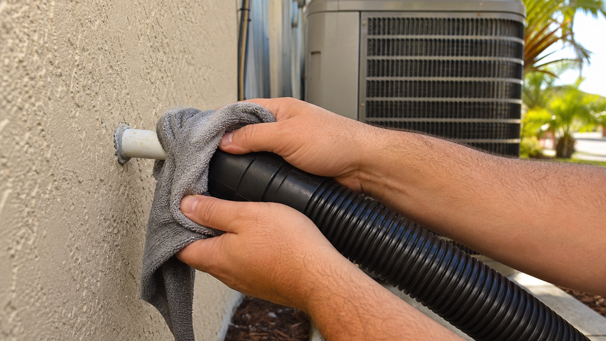 Homeowner using a wet/dry vacuum on the outdoor AC condensate drain line