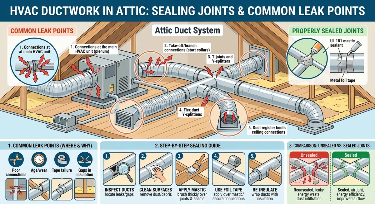 HVAC ductwork sealing joints and common leak points