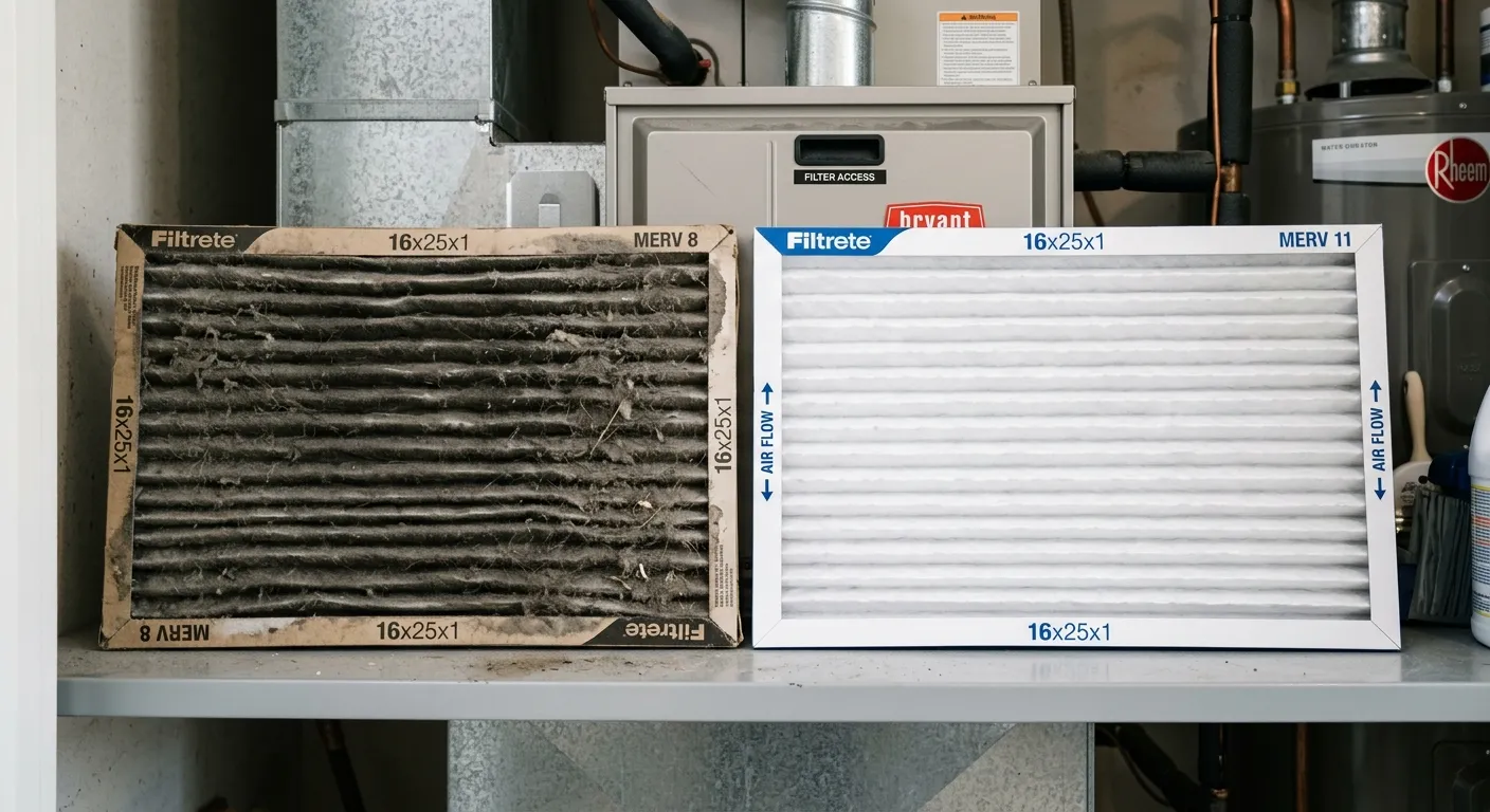 Dirty HVAC air filter next to a clean replacement filter showing the difference in airflow restriction