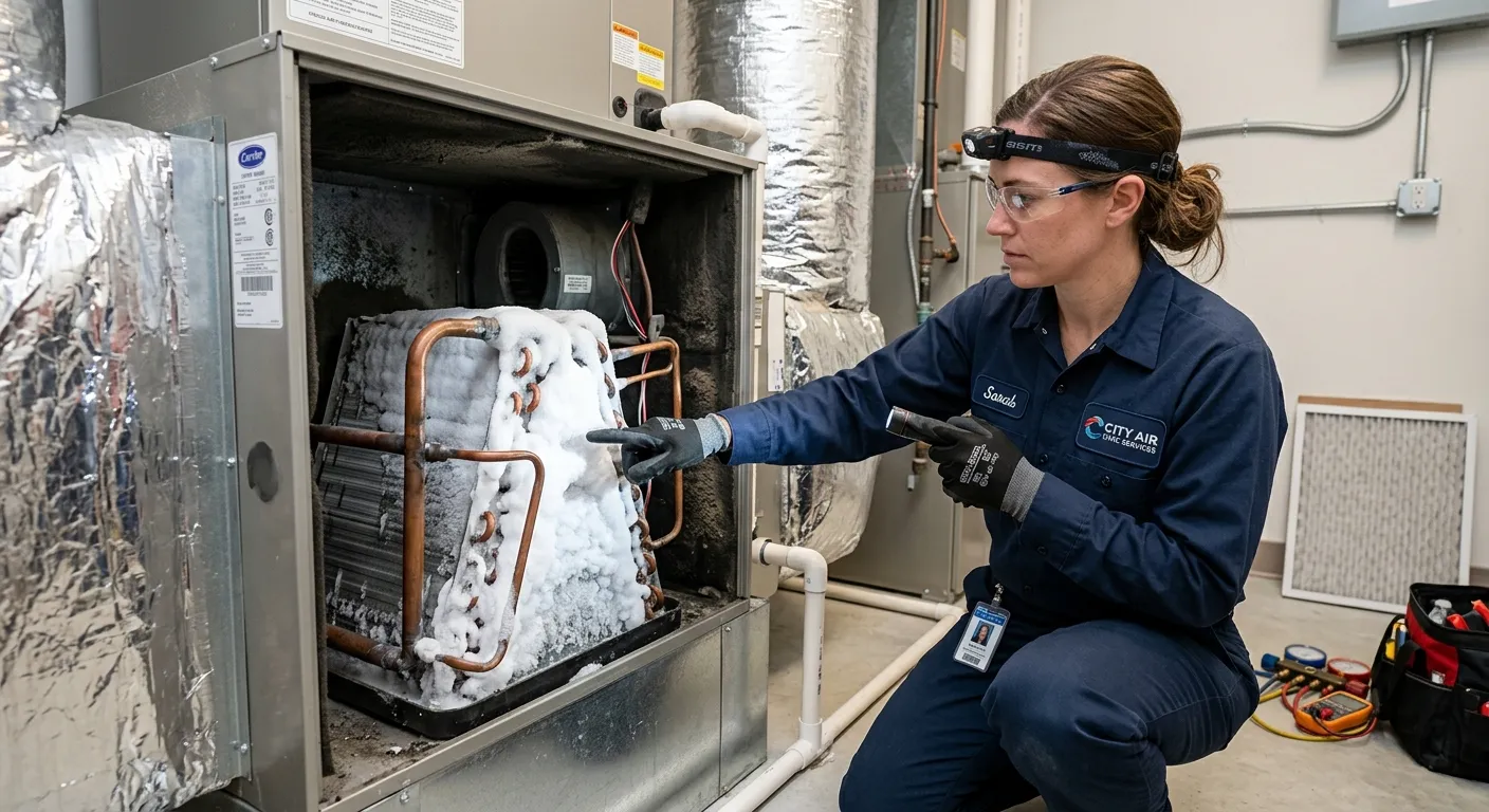 HVAC technician inspecting a frozen evaporator coil with heavy ice buildup on the indoor AC unit