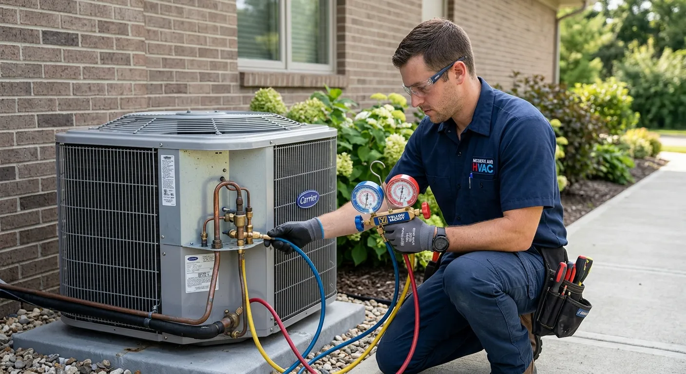 HVAC technician using refrigerant pressure gauges to check AC system levels at an outdoor condenser unit