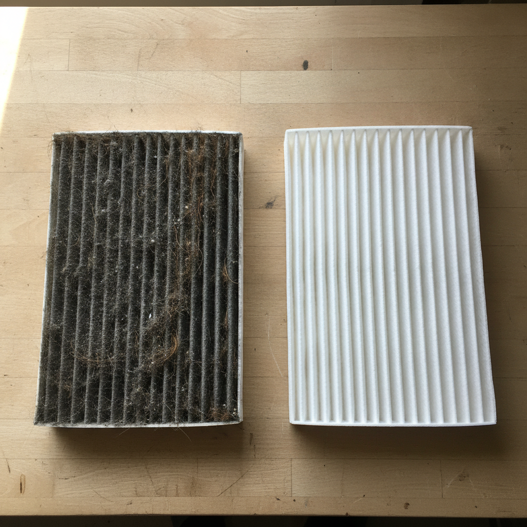 Dirty clogged HVAC air filter next to a clean replacement filter, showing the airflow restriction that commonly causes AC short cycling
