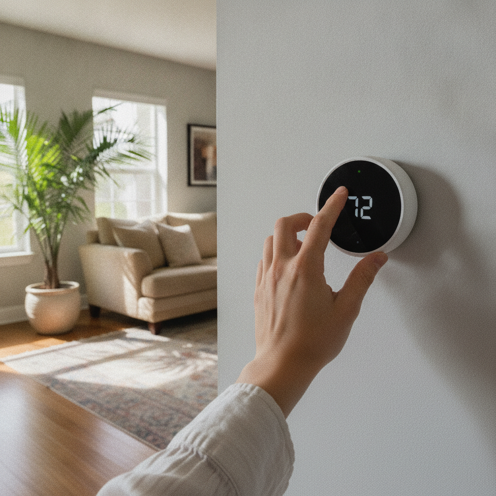 Homeowner adjusting a smart thermostat on a living room wall to check AC cycle behavior