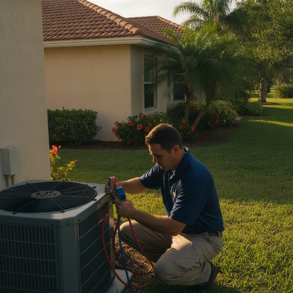 HVAC technician using refrigerant pressure gauges to diagnose a short cycling outdoor AC condenser unit at a Florida home