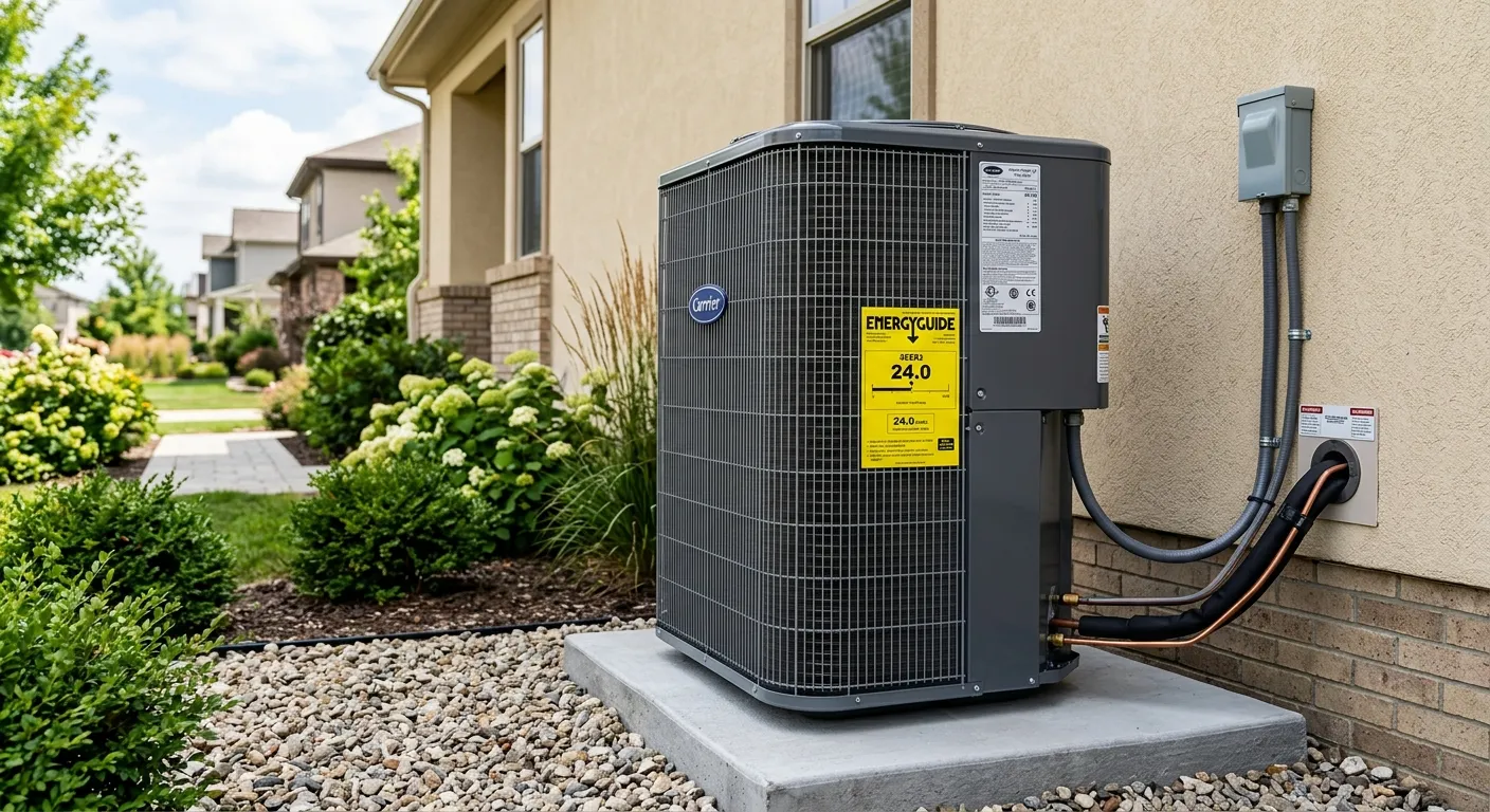 Modern high-efficiency AC condenser unit with energy rating information