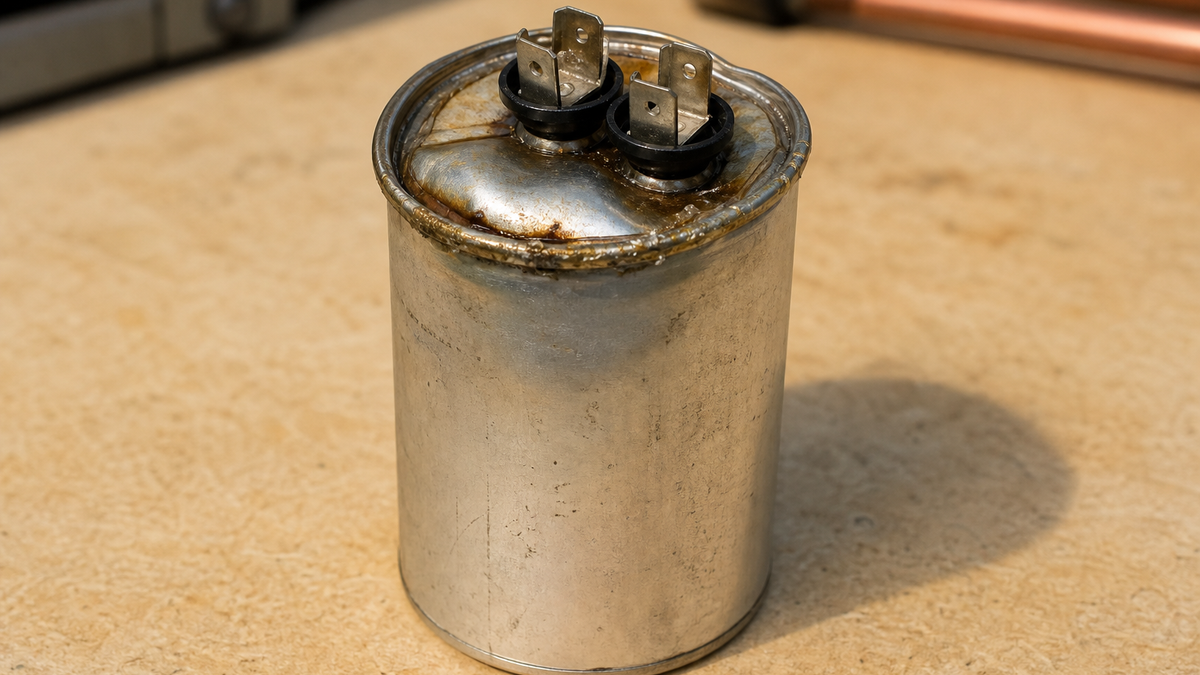 Common causes of AC capacitor failure: heat, age and runtime, power surges, and a wrong-size part