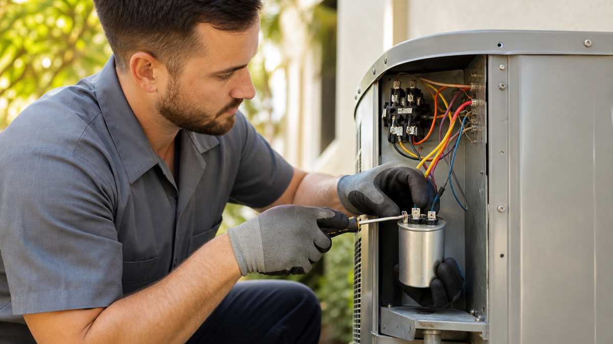 HVAC technician installing a new AC capacitor in an outdoor condenser unit