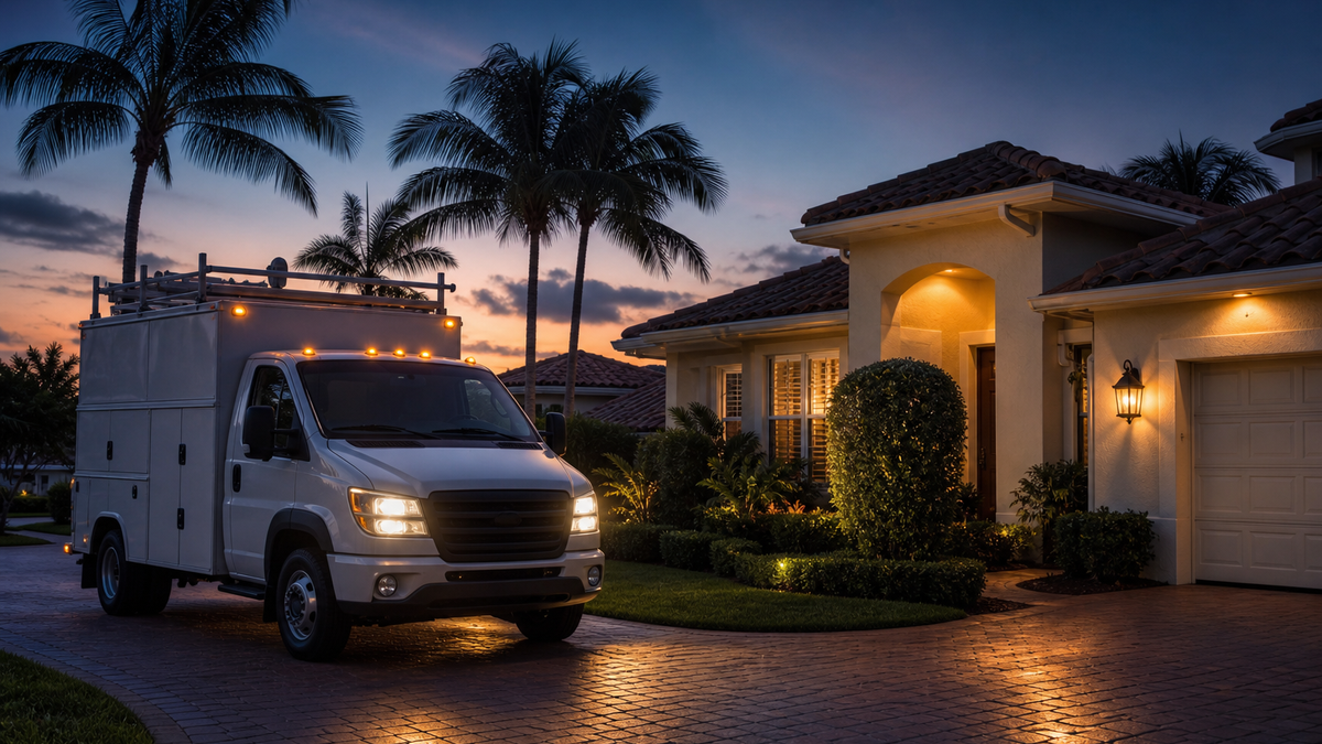 HVAC service truck arriving at a Florida home at dusk with porch light glowing
