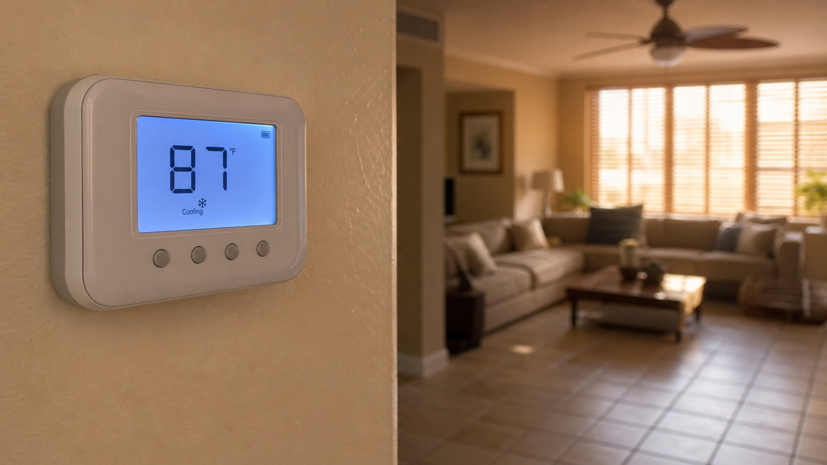 Digital wall thermostat in a Florida living room reading 87 degrees during an AC failure