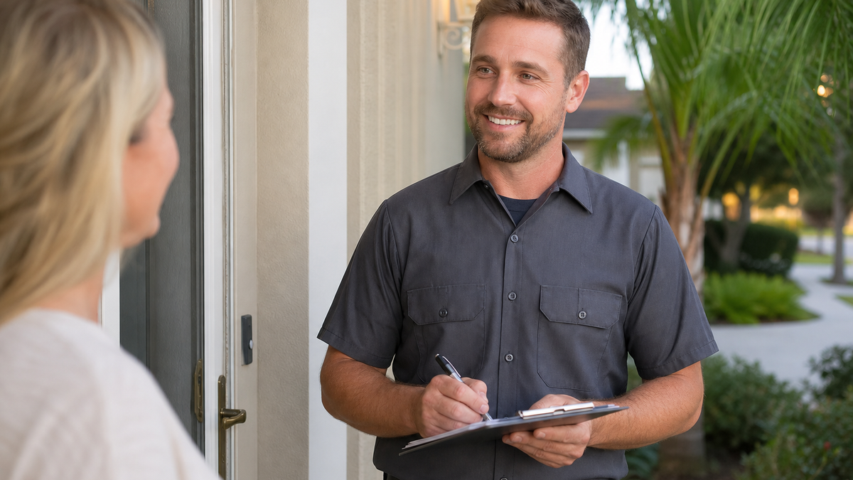 HVAC technician greeting a homeowner at the front door with a clipboard