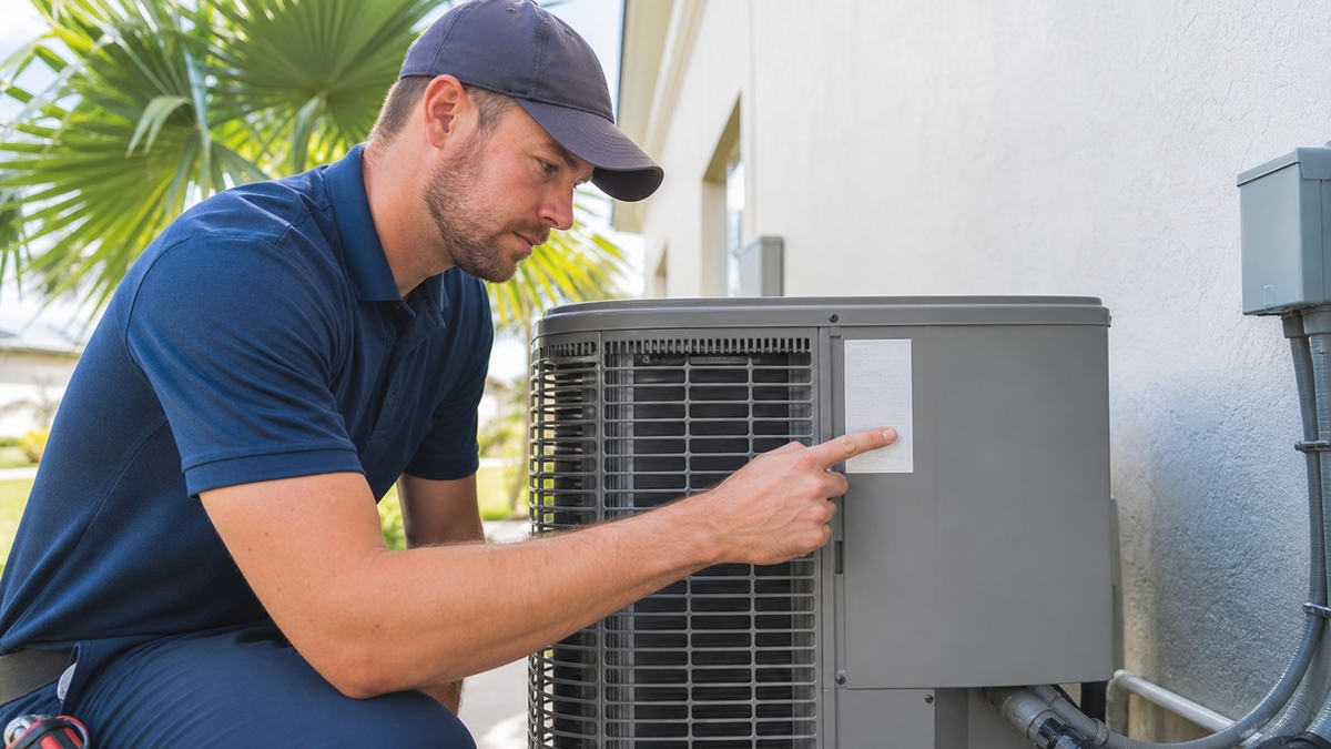 HVAC technician examining specs on a heat pump outdoor unit