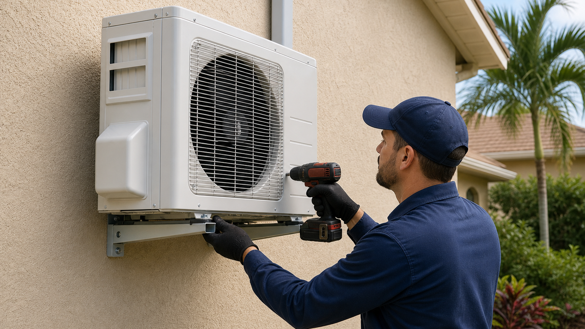 HVAC technician mounting an outdoor mini split condenser to a stucco wall in St. Petersburg, FL