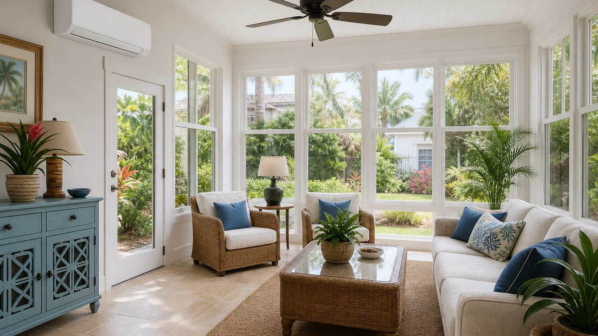 Florida sunroom with a wall-mounted ductless mini split installed