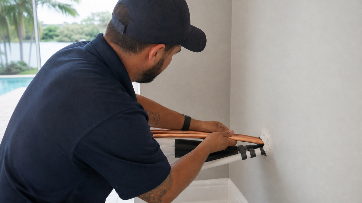 HVAC technician running a refrigerant line set through a wall during mini split installation